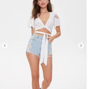 NWT Floral Crochet-Trim Wraparound Crop Top Small